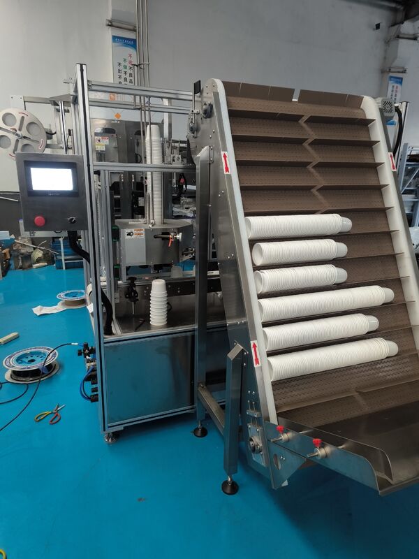 Automatic PP Cup Seeve applicator with Automatic Cup Feeder and Cup Stack Collector